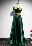 Solvbao Green Satin with Gold Lace Off Shoulder Long Evening Dress, Green Prom Dresses