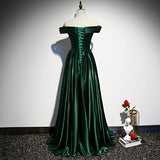 Solvbao Green Satin with Gold Lace Off Shoulder Long Evening Dress, Green Prom Dresses