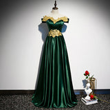 Solvbao Green Satin with Gold Lace Off Shoulder Long Evening Dress, Green Prom Dresses