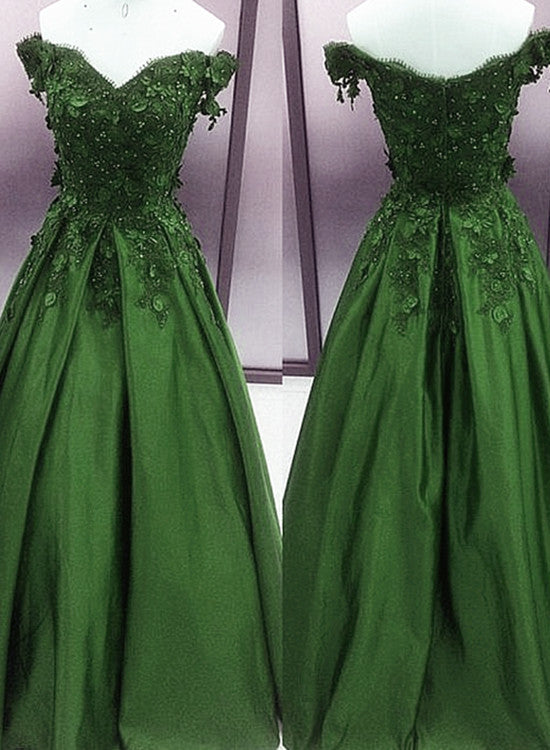 Solvbao Green Satin with Lace Applique Beaded Floor Length Party Dress, Green Junior Prom Dresses