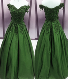 Solvbao Green Satin with Lace Applique Beaded Floor Length Party Dress, Green Junior Prom Dresses