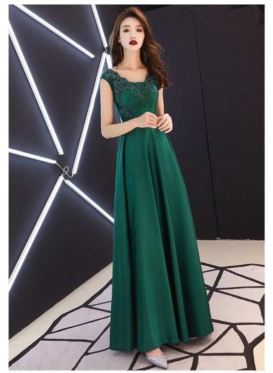 Solvbao Green Satin A-line Long Party Dress with Lace, Beaded Satin Evening Dress Prom Dress