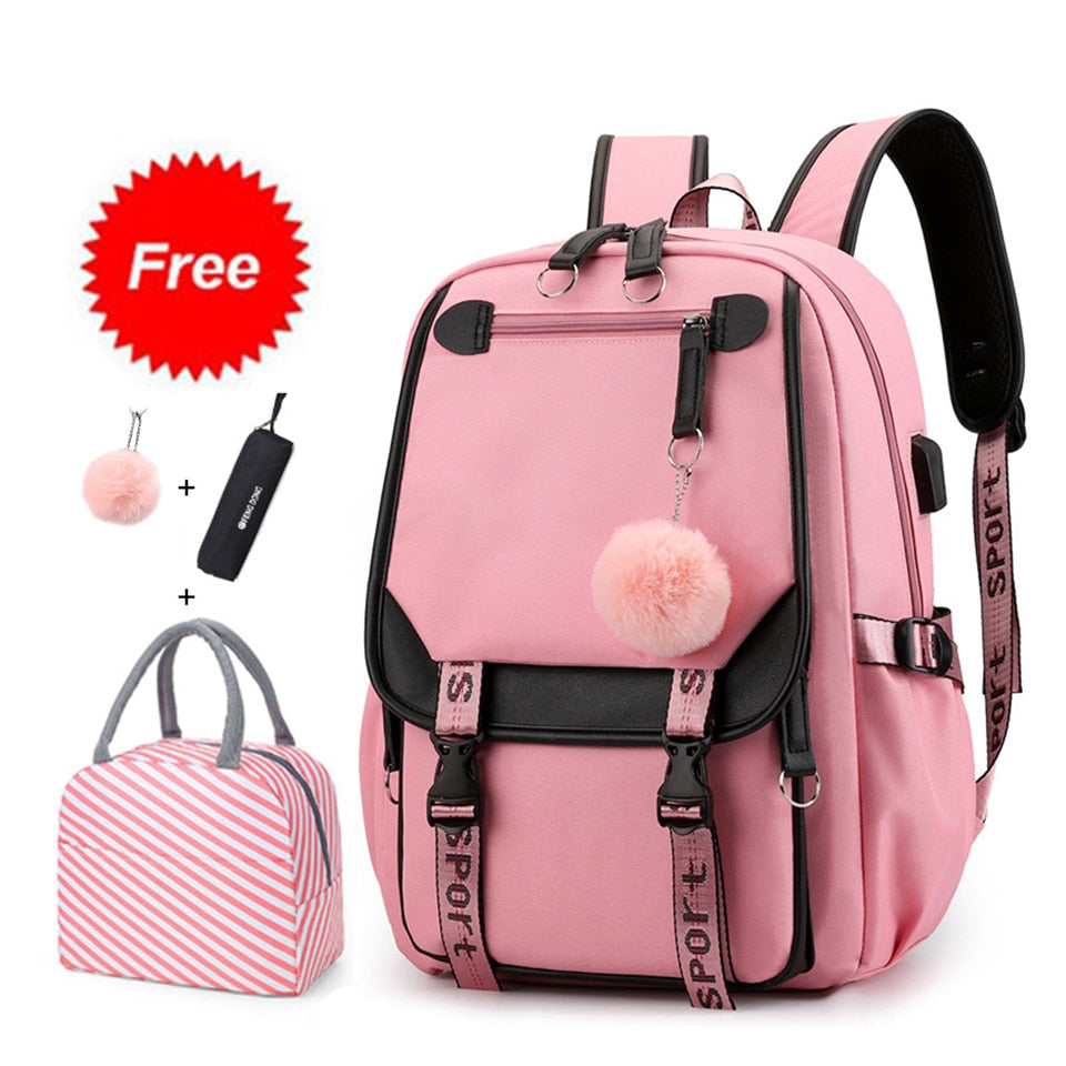 solvbao Teen Girl School Backpack with USB Charging Port 15.6 Inch Laptop Bag Water Resistant Nylon School Bookbag New