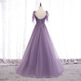 Solvbao Dark Purple V-neckline Lace Beaded Long Prom Dress, A-line Tulle Evening Dress