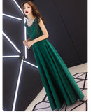 Solvbao Green Satin A-line Long Party Dress with Lace, Beaded Satin Evening Dress Prom Dress