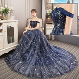 Solvbao Navy Blue Charming Off Shoulder Long Formal Dress , Blue Lace A-line Wedding Party Dress