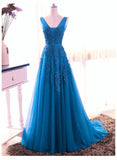 Solvbao Blue Tull V-neckline Floor Length Low Back Party Dress, Blue Prom Dress Bridesmaid Dress