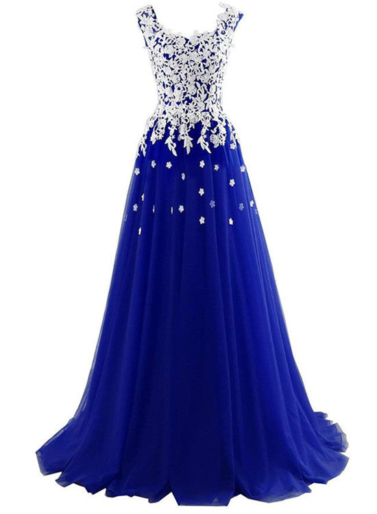 Solvbao Long Blue Tulle Prom Dresses,White Appliques Princess Dress, Wedding Party Dress