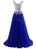 Solvbao Long Blue Tulle Prom Dresses,White Appliques Princess Dress, Wedding Party Dress