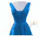 Solvbao Blue Tull V-neckline Floor Length Low Back Party Dress, Blue Prom Dress Bridesmaid Dress