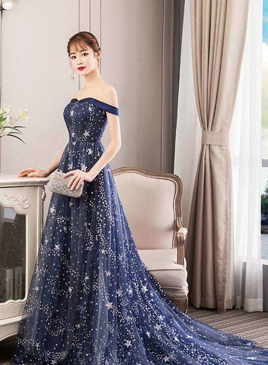 Solvbao Navy Blue Charming Off Shoulder Long Formal Dress , Blue Lace A-line Wedding Party Dress