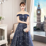 Solvbao Navy Blue Charming Off Shoulder Long Formal Dress , Blue Lace A-line Wedding Party Dress