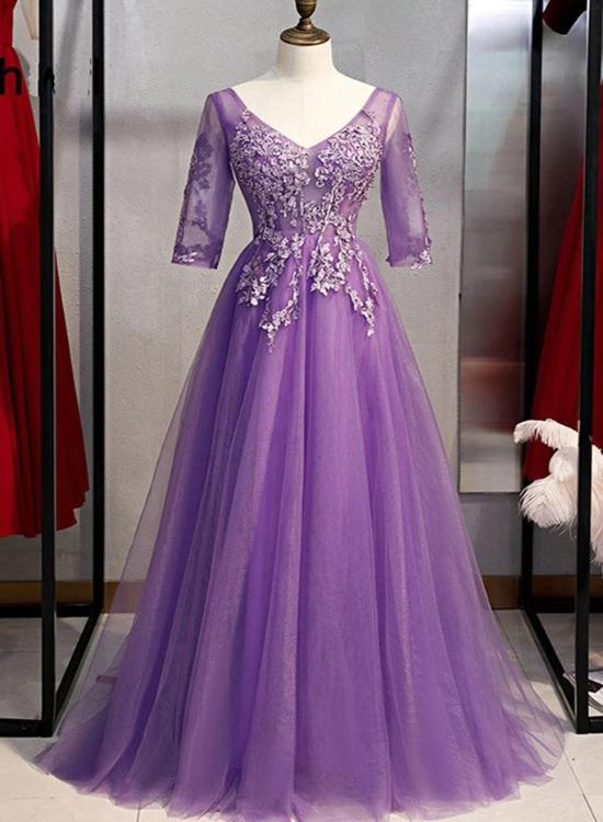 Solvbao Purple  V Neck Tulle Long Party Dress with Sleeves, Prom Dress