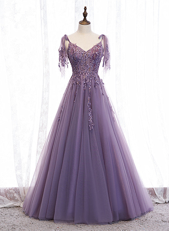 Solvbao Dark Purple V-neckline Lace Beaded Long Prom Dress, A-line Tulle Evening Dress