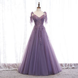 Solvbao Dark Purple V-neckline Lace Beaded Long Prom Dress, A-line Tulle Evening Dress