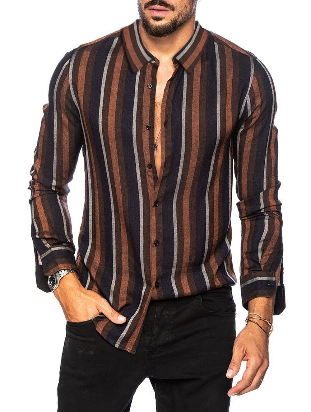 Solvbao Spring and summer new men's striped shirt Slim multi-color lapel men's casual long-sleeved shirt youth men's clothing