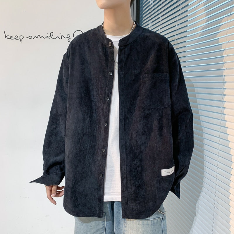 Solvbao Oversized Men Solid Corduroy Shirt Long Sleeve  Mens Pocket Streetwear Shirts Male Korean Fashions Black Shirt 5XL