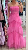 kamahe Fashion Hot Pink Layered Ruffles Evening Gown A Line Tulle Long Prom Dresses