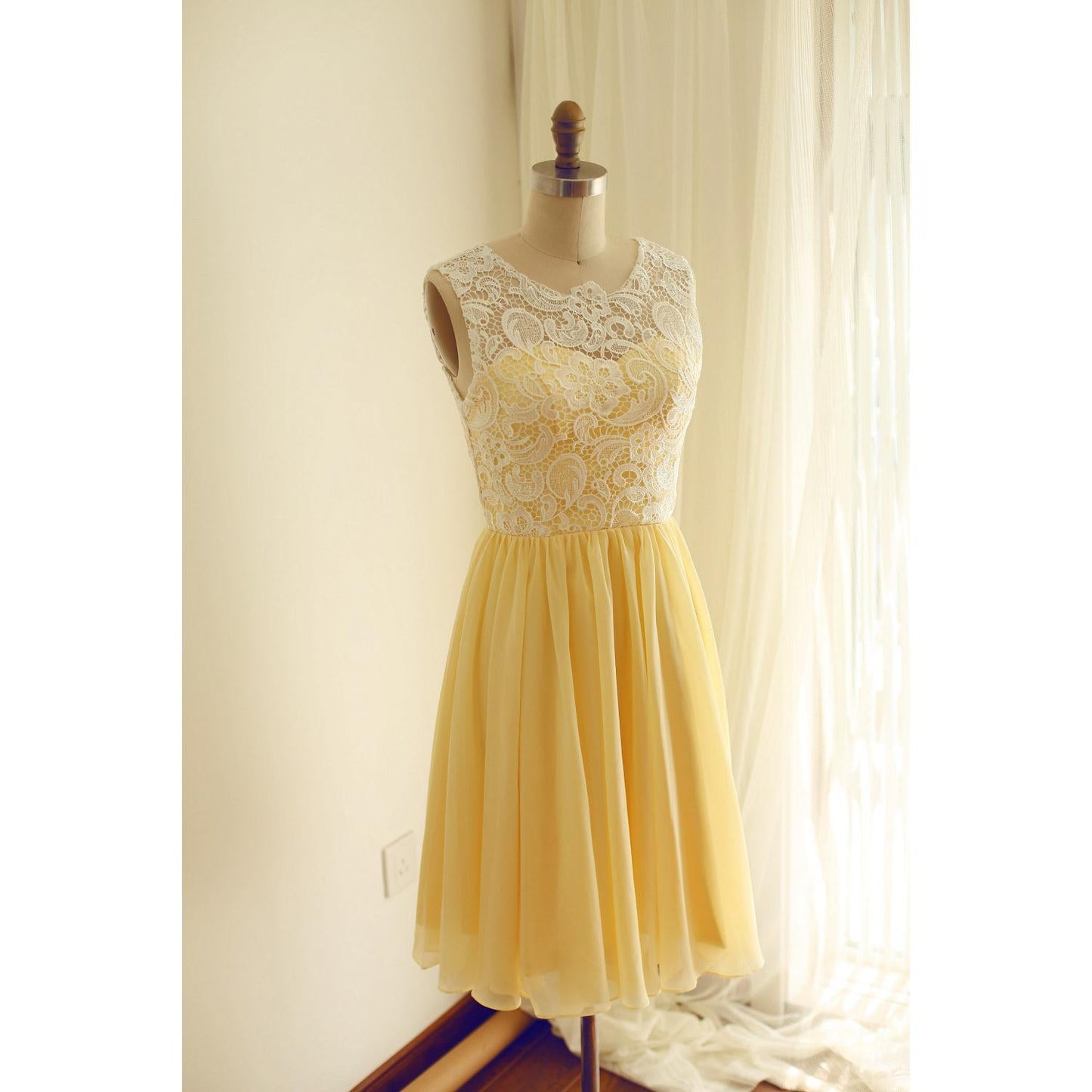 Solvbao Chiffon and Lace Yellow Bridesmaid Dress, Charming Handmade Formal Dress