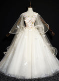 solvbao Ivory Tulle Ball Gown Sweet 16 Dresses with Lace, Glam Long Evening Gown Formal Dresses