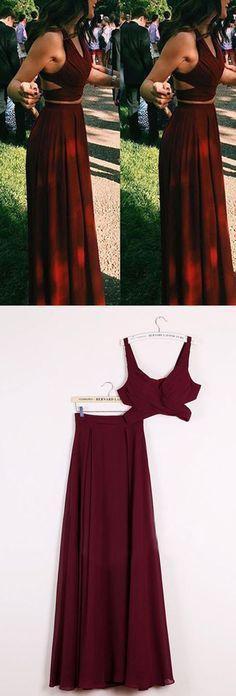 solvbao Wine Red Chiffon Two Piece Floor Length Party Dress, Wine Red Prom Gowns, Party Dress 2018