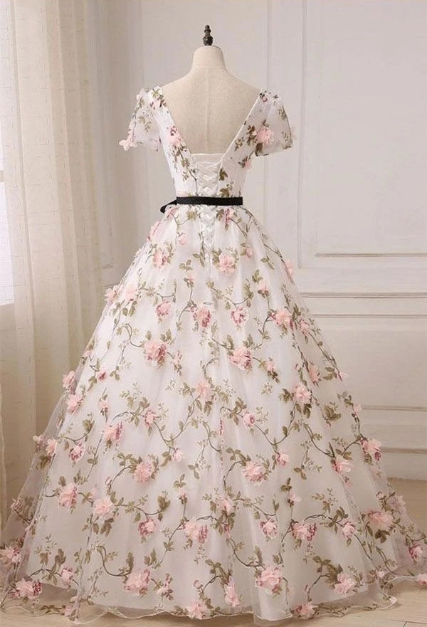 Solvbao Beautiful Flowers V-neckline Short Sleeves Long Party Dress, Ball Gown Sweet 16 Dress