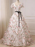 Solvbao Beautiful Flowers V-neckline Short Sleeves Long Party Dress, Ball Gown Sweet 16 Dress