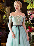 Solvbao Mint Green 3D Flowers Lace Tulle Off Shoulder Party Dress, A-line Long Formal Dress