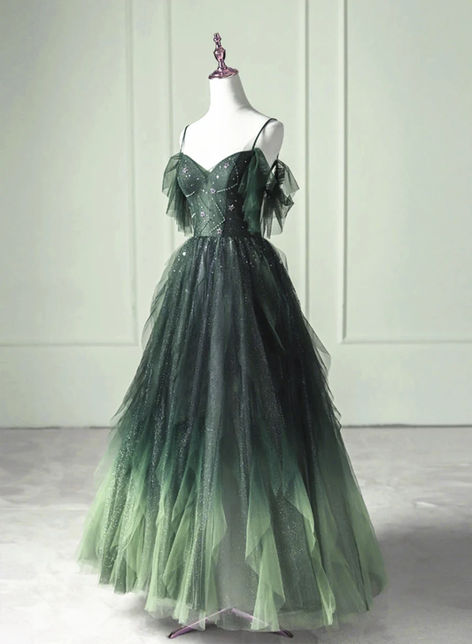 Solvbao Green Gradient Tulle Beaded Sweetheart Long Formal Dress, Green Straps Party Dress