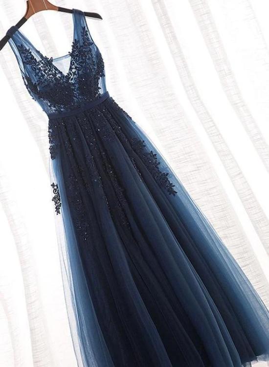 solvbao Charming Navy Blue Beaded Lace Long Party Dress, A-line Prom Dress