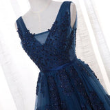 solvbao Charming Navy Blue Beaded Lace Long Party Dress, A-line Prom Dress