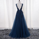 solvbao Charming Navy Blue Beaded Lace Long Party Dress, A-line Prom Dress