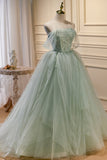 kamahe Elegant Green Strapless Evening Gown Off The Shoulder Tulle Prom Dresses