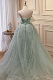 kamahe Elegant Green Strapless Evening Gown Off The Shoulder Tulle Prom Dresses