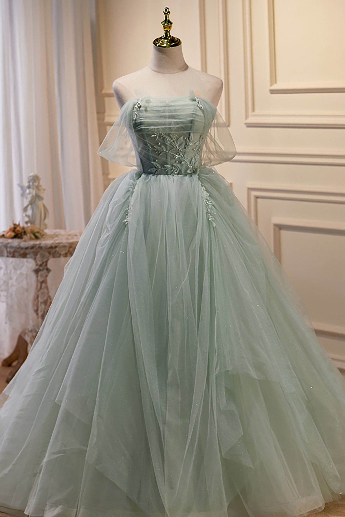 kamahe Elegant Green Strapless Evening Gown Off The Shoulder Tulle Prom Dresses