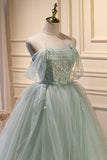 kamahe Elegant Green Strapless Evening Gown Off The Shoulder Tulle Prom Dresses