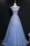 solvbao Blue Tulle V-neck Lace Flowers A-line Prom Dress, Blue Formal Dress Evening Dress