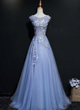 solvbao Blue Tulle V-neck Lace Flowers A-line Prom Dress, Blue Formal Dress Evening Dress