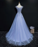 solvbao Blue Tulle V-neck Lace Flowers A-line Prom Dress, Blue Formal Dress Evening Dress