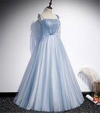 Solvbao Light  Blue Glitter Spaghetti Straps Formal Dress,  Lace Up Back Wedding Dress Glitter Tulle Prom Dresses