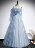 Solvbao Light  Blue Glitter Spaghetti Straps Formal Dress,  Lace Up Back Wedding Dress Glitter Tulle Prom Dresses