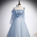 Solvbao Light  Blue Glitter Spaghetti Straps Formal Dress,  Lace Up Back Wedding Dress Glitter Tulle Prom Dresses