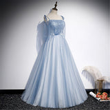 Solvbao Light  Blue Glitter Spaghetti Straps Formal Dress,  Lace Up Back Wedding Dress Glitter Tulle Prom Dresses