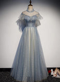 Solvbao Light Blue High Neckline Shiny Tulle Long Simple Prom Dress, Blue A-line Formal Dresses