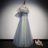 Solvbao Light Blue High Neckline Shiny Tulle Long Simple Prom Dress, Blue A-line Formal Dresses