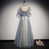 Solvbao Light Blue High Neckline Shiny Tulle Long Simple Prom Dress, Blue A-line Formal Dresses