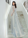 Solvbao Light Blue Long New Style Tulle with Lace Party Dresses, Light Blue Prom Dresses