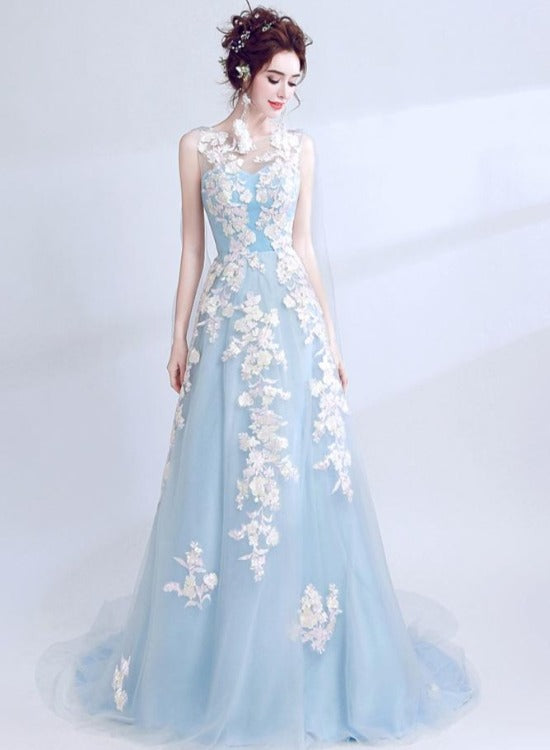 Solvbao Light Blue Long V Back Formal Dress with Lace Applique, Blue Prom Dresses Party Dress