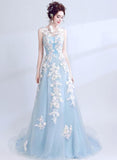 Solvbao Light Blue Long V Back Formal Dress with Lace Applique, Blue Prom Dresses Party Dress