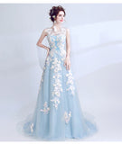 Solvbao Light Blue Long V Back Formal Dress with Lace Applique, Blue Prom Dresses Party Dress